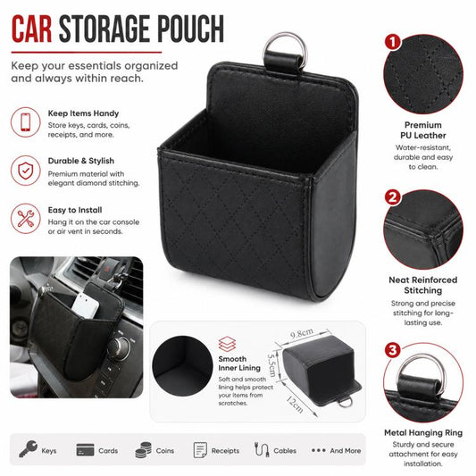 Black car storage pouch with front pocket, diamond stitching, and metal hanging ring