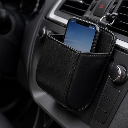 Black car air vent cellphone pocket organizer bag with open front pouch and hanging ring