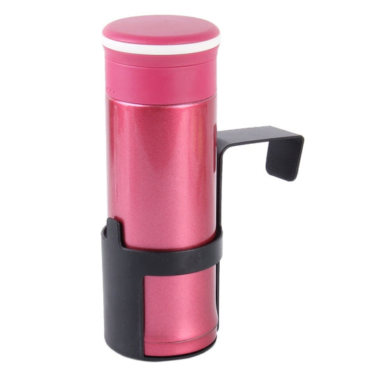 Pink insulated drink holder with black mounting strap and lid