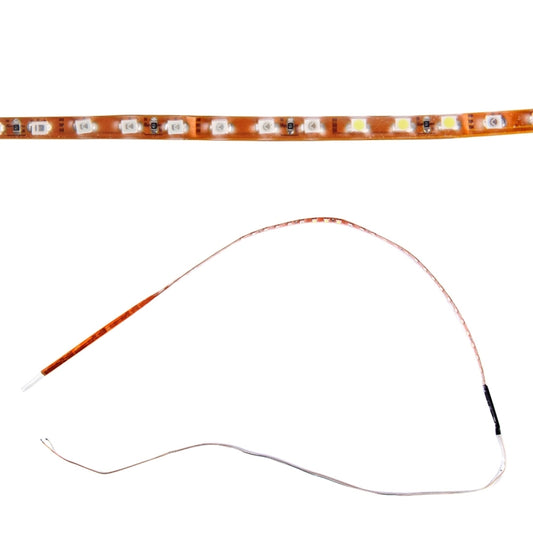 Flexible LED strip light detail with square LEDs and attached wire ends
