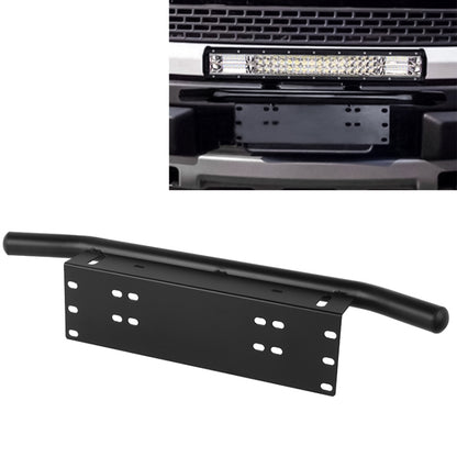 Universal license plate bumper frame bracket in black with curved light bar guard and mount holes