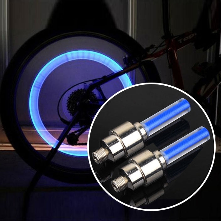 Wheel tire lamp pair with blue glow light tubes and metal threaded caps