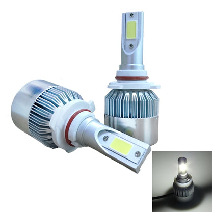 LED headlight bulb set with COB lamps, white housing, metal heat sink fins, angled plug