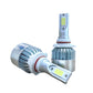 LED headlight bulb set with COB lamp modules, white bodies, metal heat sinks, angled view