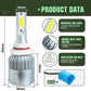 LED headlight bulb with white COB LED chip, finned metal heat sink, size diagram