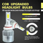 LED headlight bulbs with COB chips and white plug connector, close-up product layout