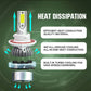 H13 LED headlight bulb with cooling fan, heat-dissipation fins, and airflow arrows