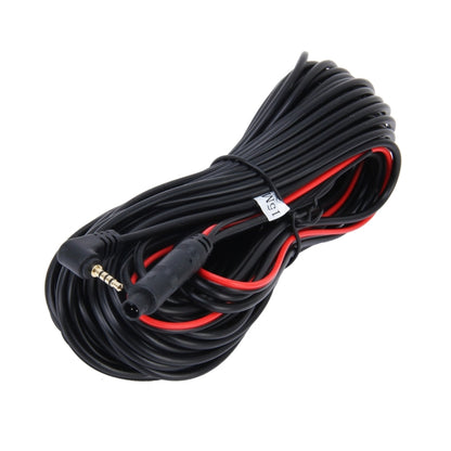 Rearview camera extension cord with coiled black cable and metal audio-style connector