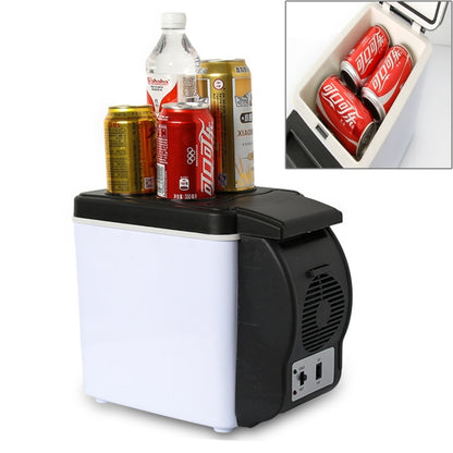 Portable cooler refrigerator with white body and black lid, drinks bottles inside