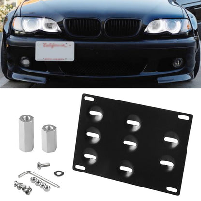 Black license plate mounting bracket holder with mounting hardware and spacers
