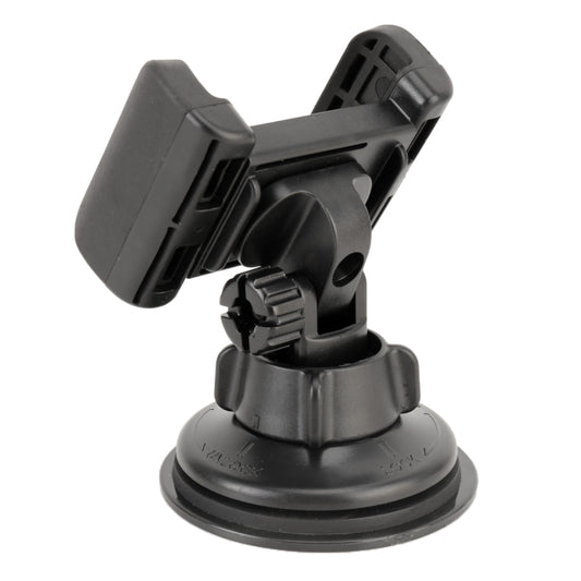Compact car phone holder with rotating clamp arms and suction cup base