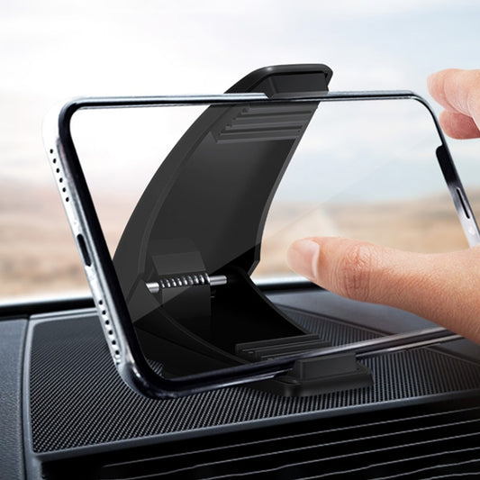 Car phone mount holder with adjustable cradle gripping a phone on the dashboard