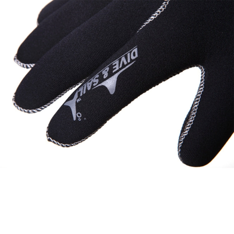 DIVE&SAIL black neoprene diving gloves close-up of stitched logo and textured cuff edge
