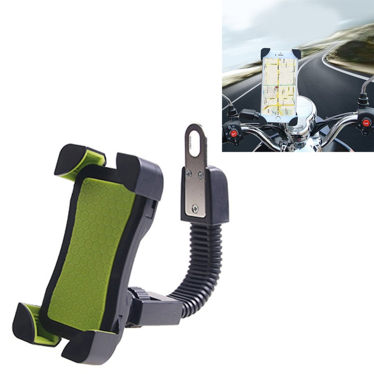 Green ABS motorcycle phone holder with spring arm and handlebar clamp mount
