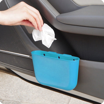 Blue portable car cup holder trash can organizer with oval opening for waste bags