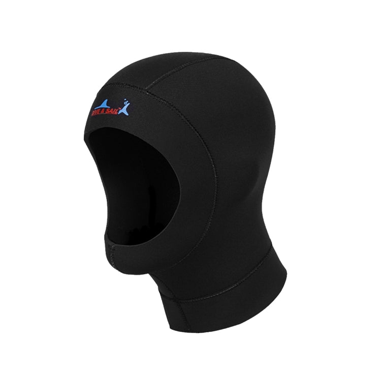 Black neoprene dive hood with face opening and DIVE & SAIL logo patch