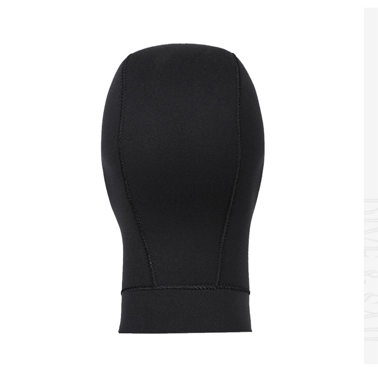 Black neoprene dive hood, back view with stitched construction and cuff hem