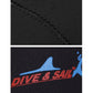 Neoprene fabric close-up with stitched edge and DIVE & SAIL logo graphic