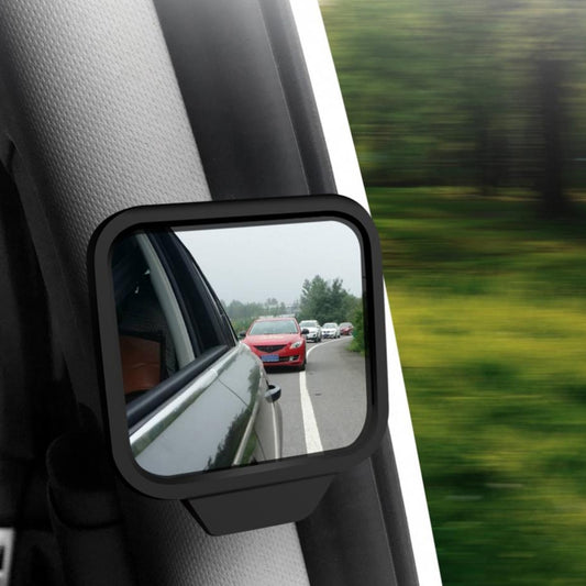 Adjustable rear blind spot mirror with black frame, mounted on car interior
