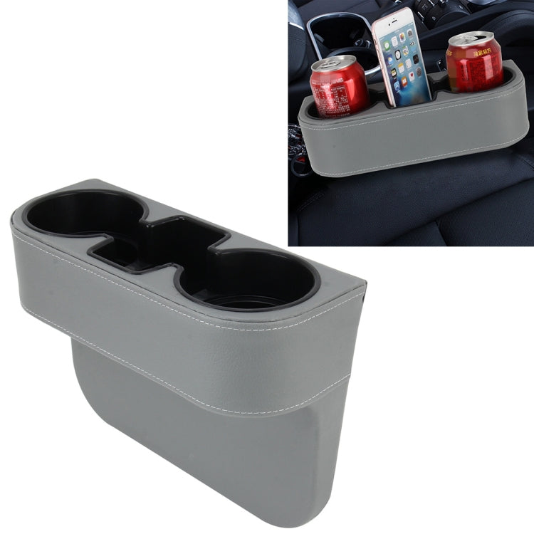 Car seat crevice storage box with two cup holders, grey with stitched edges
