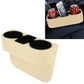 Car seat crevice storage box with two cup holders, beige with stitched trim