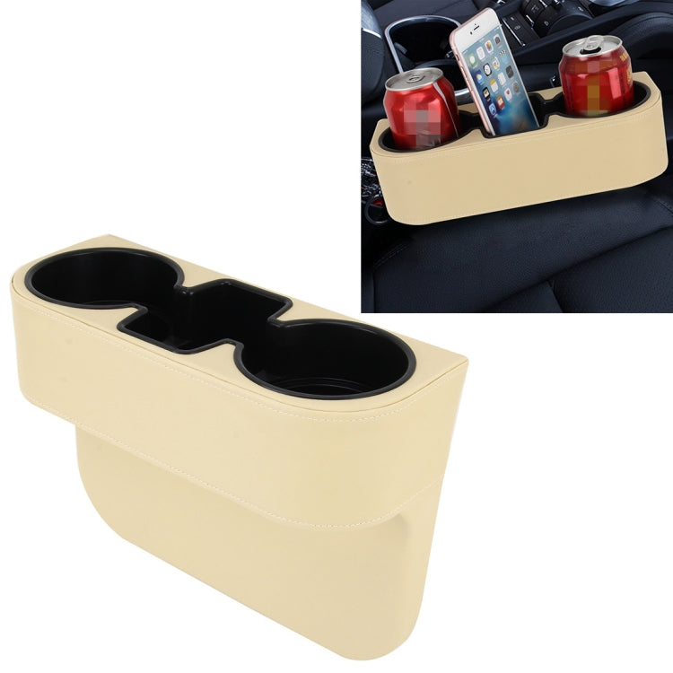 Car seat crevice storage box with two cup holders, beige with stitched trim