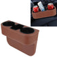 Car seat storage organizer with two cup holders, brown with stitched edges