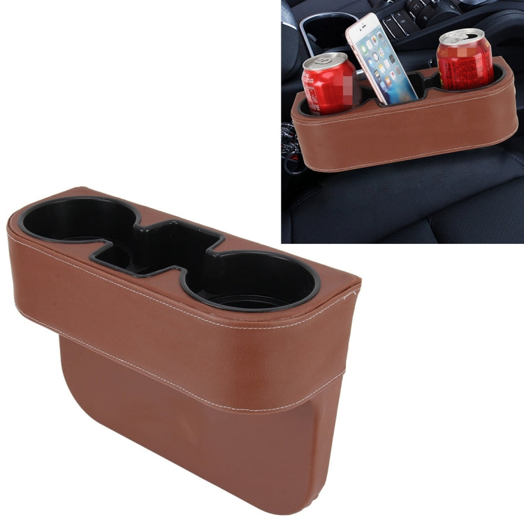 Car seat storage organizer with two cup holders, brown with stitched edges
