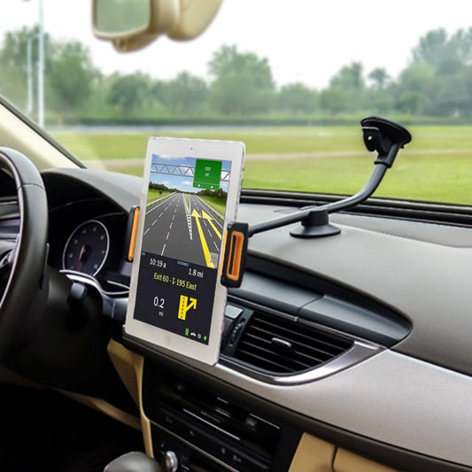 Car tablet holder cradle with adjustable arms, gripping a tablet on the dashboard