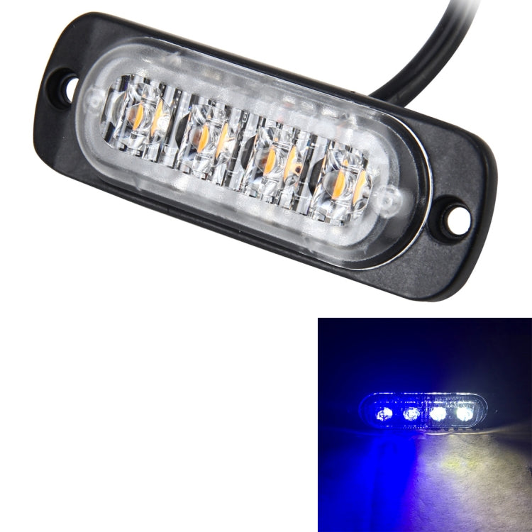 4-LED strobe warning light glowing blue through clear lens