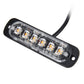 Amber LED strobe light bar with 6 LED segments, clear cover, black housing