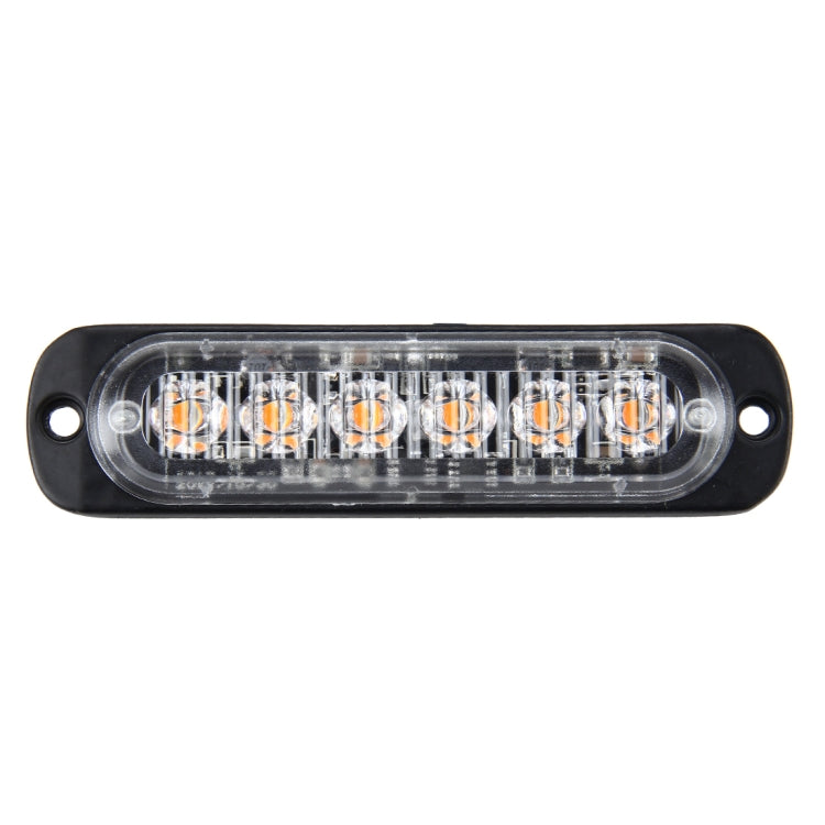 Clear-lens amber LED strobe light bar with 6 visible LED bulbs in black frame