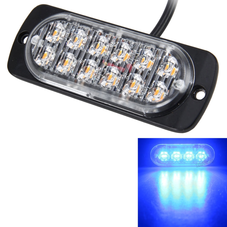 12-LED strobe light bar flashing blue light through clear lens, black housing