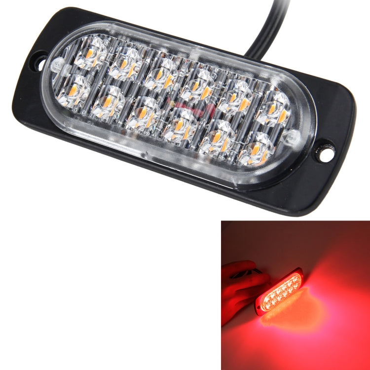12-LED strobe light bar flashing red light through clear lens, black housing