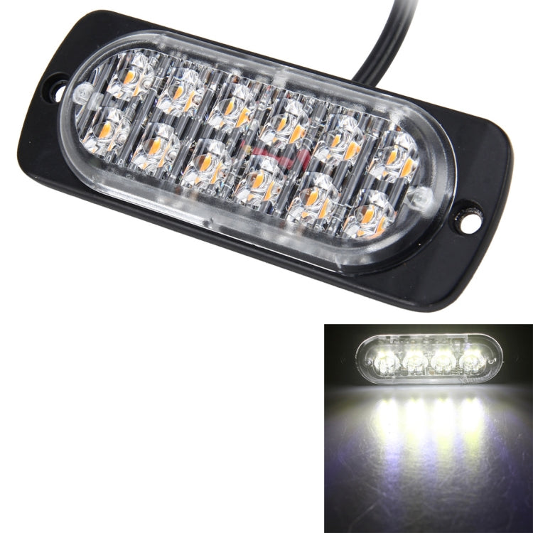 LED strobe warning light bar with 12 LEDs in clear lens, black base; bright white glow
