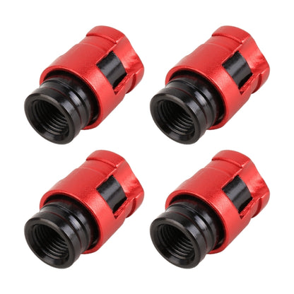 Set of red tire valve caps with black rubber gaskets, valve-shaped covers