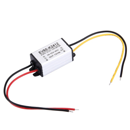 DC-DC step-down converter module with black housing and red/black/yellow wire leads