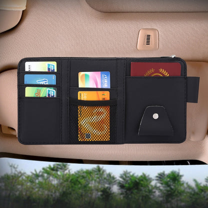 Black car visor organizer wallet with zipper, card slots, mesh pocket, and pouch