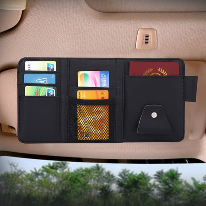 Black car sun visor organizer wallet with card slots, mesh pocket, and snap flap