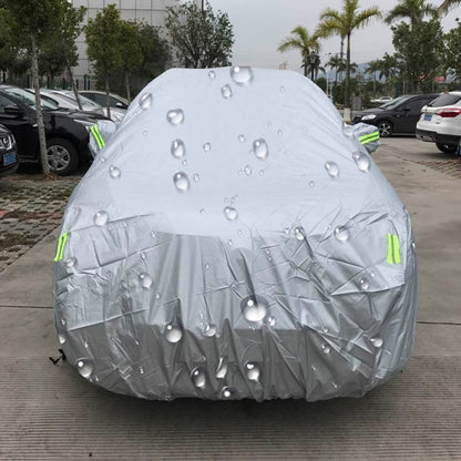 SUV car cover with water-repellent finish, light gray fabric, neon green warning stripes