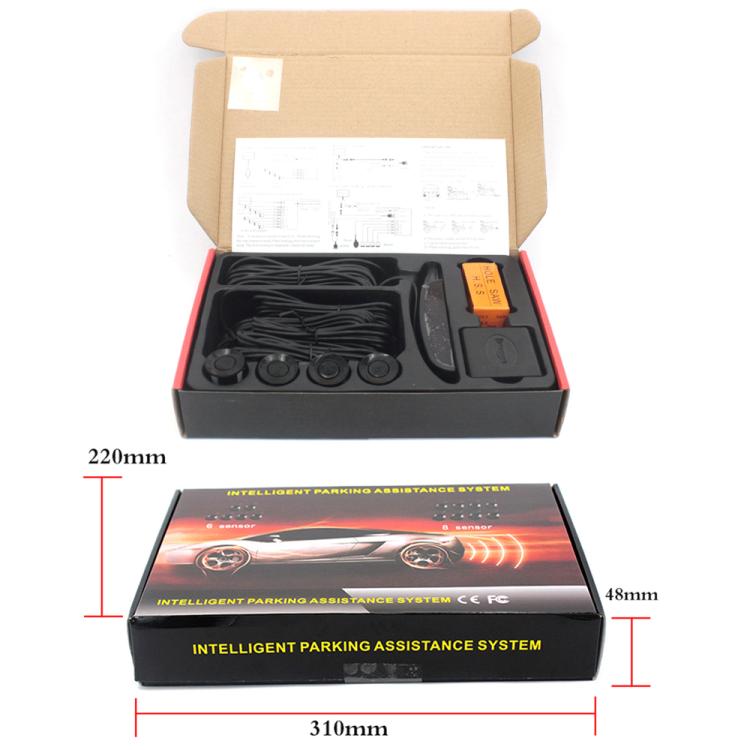 Retail box with parking assistance system components and included instruction sheet