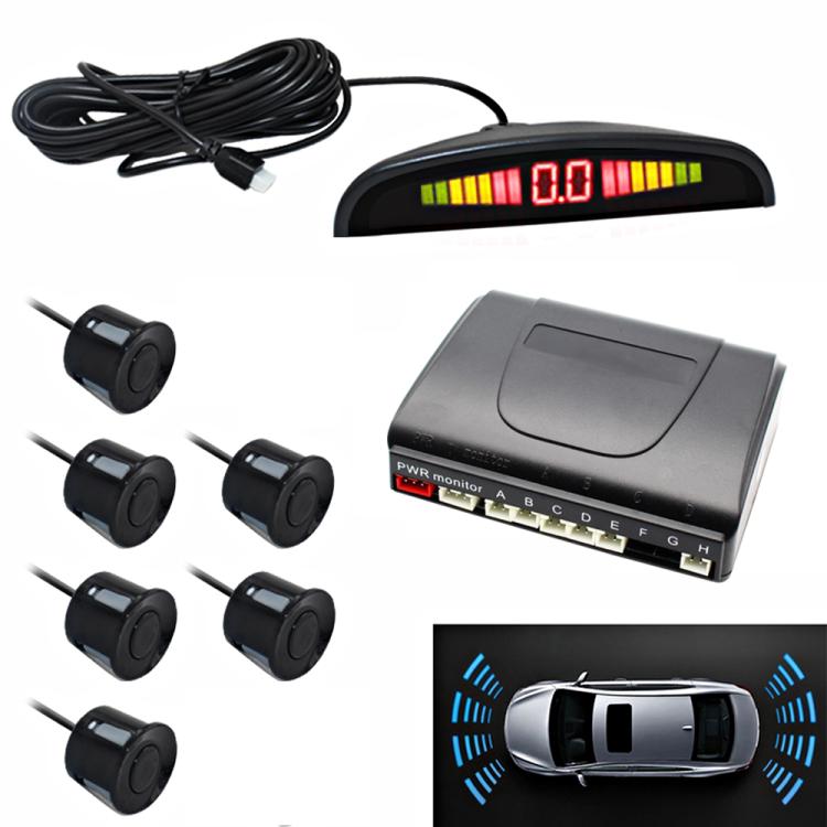 Parking alarm kit with curved LED display, control box, wiring, and six sensors
