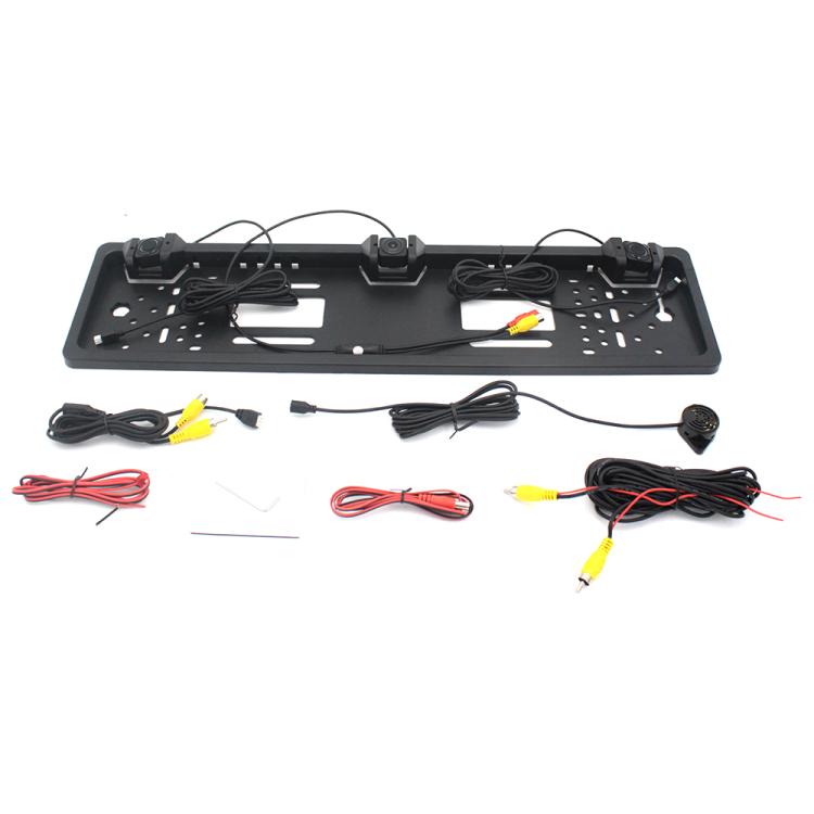 Black license plate frame with prewired cables and two parking sensor leads