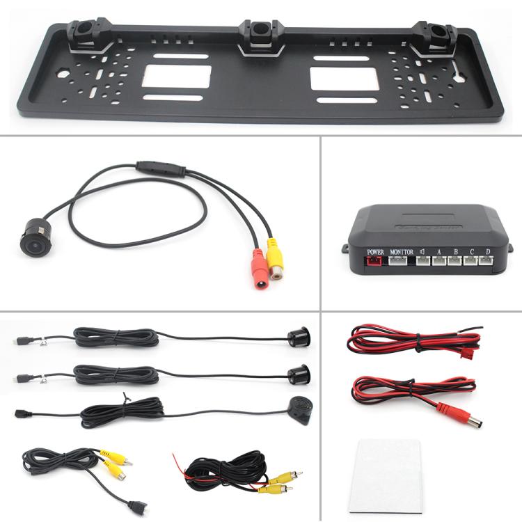 Black license plate camera frame kit with monitor unit, wiring harness, and cables