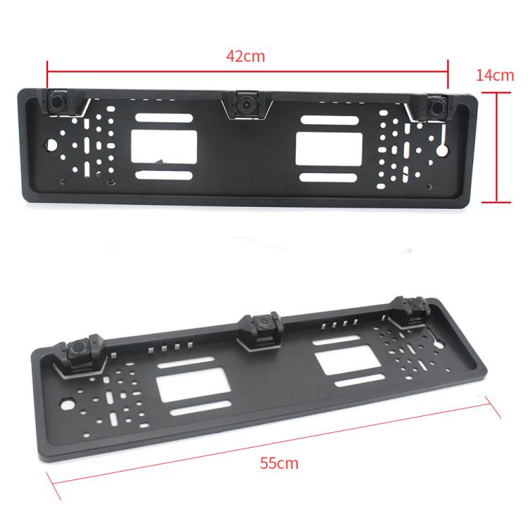 Black rear license plate camera frame with mounting holes and size markings