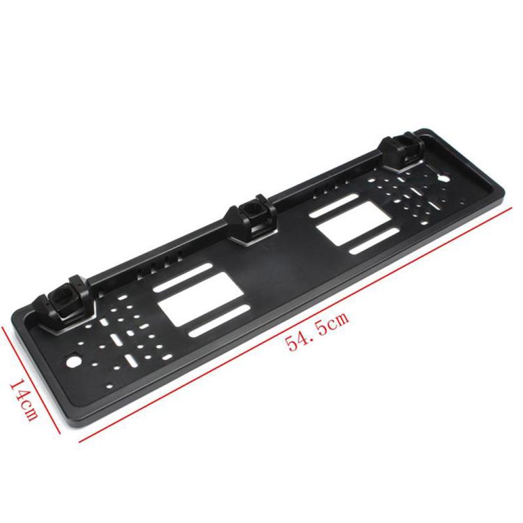 Black license plate camera frame with corner mounts and size measurement lines