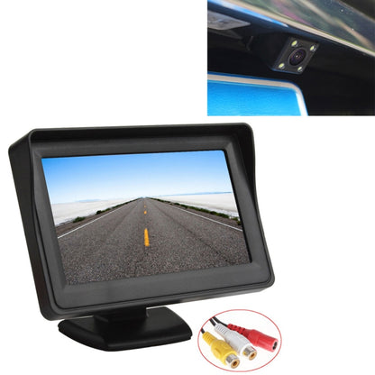 4.3-inch parking monitor with black stand showing road view; includes RCA video cable