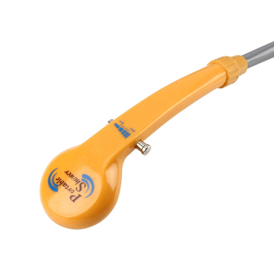 Orange handheld shower nozzle with on/off switch and metal hose connector