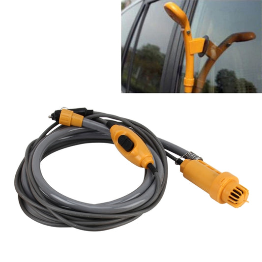 DC 12V car shower set with adjustable orange nozzle and coiled gray 2 m hose