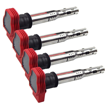 Ignition coil set of four with red boots and chrome metal housings